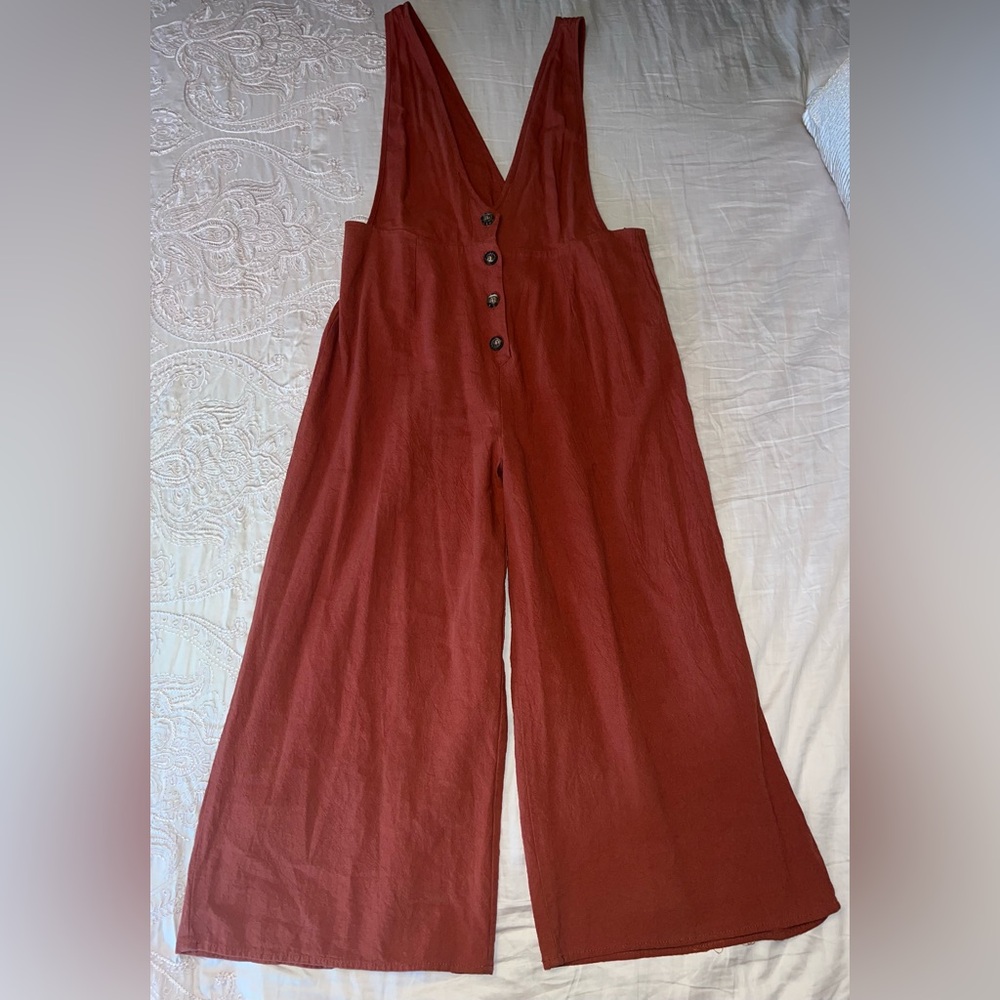 Sienna Sky Rust Wide Leg Button Front Cropped Jumpsuit Size L - Picture 9 of 10